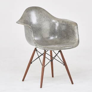 CHARLES AND RAY EAMES; HERMAN MILLER; ZENITH: DAW chair, Zeeland, MI, 1951 Molded fiber-glass, wood, enameled metal manufacturer label 24 3/4" x 23" x 31"