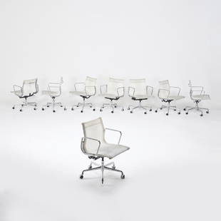 CHARLES AND RAY EAMES; HERMAN MILLER: Eight Aluminum Group armchairs, Zeeland, MI, 2000s Polished aluminum, enameled and chromed steel, mesh upholstery 34" x 23" x 24"