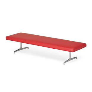 GEORGE NELSON; HERMAN MILLER: Aluminum Group bench, vinyl upholstery, Zeeland, MI, 1960s Metal tag 17" x 80" x 24"