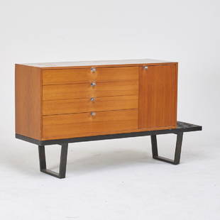 GEORGE NELSON (1908 - 1986); HERMAN MILLER: Cabinet raised on slat bench, Zeeland, MI, 1950s Walnut, enameled wood, zinc-plated metal Metal tag Bench: 14" x 68" x 18 1/2", cabinet: 24" x 56 1/2 x 18 1/2"