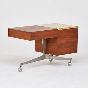 STYLE OF GEORGE NELSON: Rolling tabouret, USA, 1950s Steel, walnut, laminate Unmarked 24" x 40" x 19"