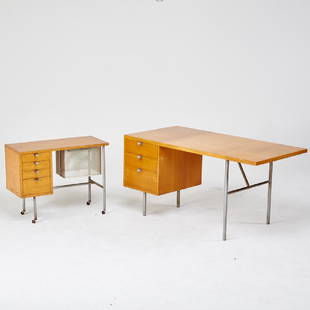 GEORGE NELSON; HERMAN MILLER: Desk and return, Zeeland, MI, 1950s Zinc-plated steel, aluminum, bleached mahogany Unmarked 30" x 60" x 29 1/2", return: 27" x 34 1/2" x 16"