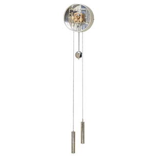 GEORGE NELSON; HOWARD MILLER: Weight driven wall-hanging clock with pendulum and chime, Zeeland, MI, ca. 1960s/70s Chromed steel, lucite, glass, mirrored glass, enameled metal Metal tag HOWARD MILLER As shown: 42" x 12" x 6