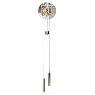 GEORGE NELSON; HOWARD MILLER: Weight driven wall-hanging clock with pendulum and chime, Zeeland, MI, ca. 1960s/70s Chromed steel, lucite, glass, mirrored glass, enameled metal Metal tag HOWARD MILLER As shown: 42" x 12" x 6