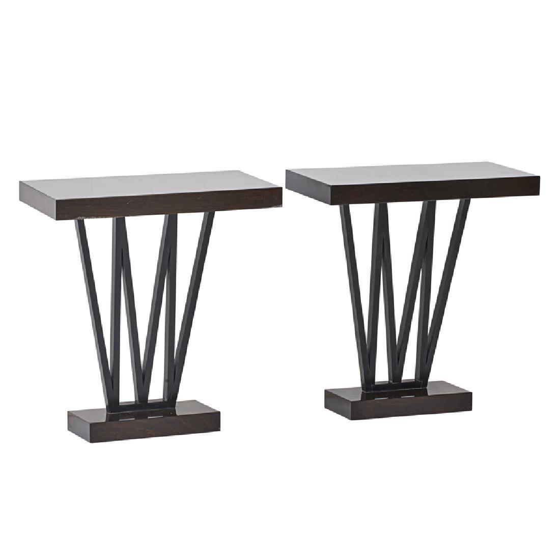 STYLE OF PAUL FRANKEL: Pair of console tables, USA, 1930s Stained and lacquered wood 28 1/2" x 26" x 13"