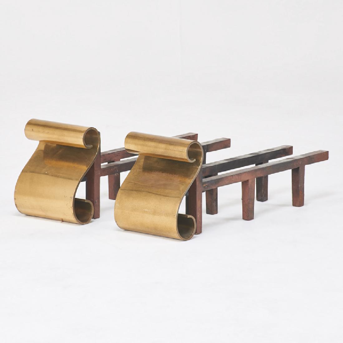 MODERN: Pair of scrolled brass andirons and matching firedogs, 1970s Brass-plated metal, steel Unmarked Andirons: 10" x 8" x 7 1/2"