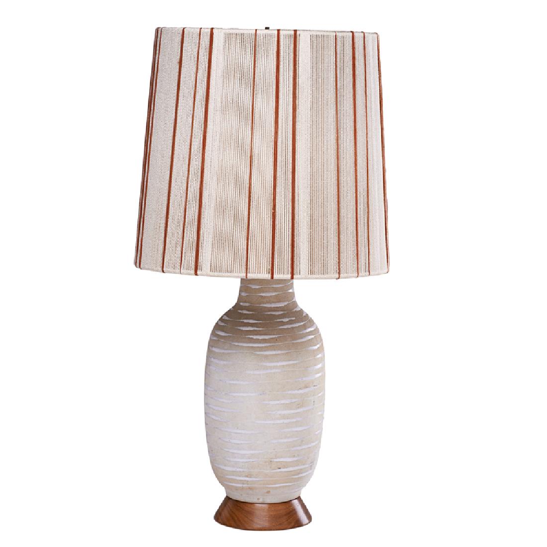 DESIGN TECHNICS (Attr.): Ceramic table lamp, USA, 1960s Partially glazed, walnut, silk and threaded shade Unmarked 27" x 6 1/2" dia.