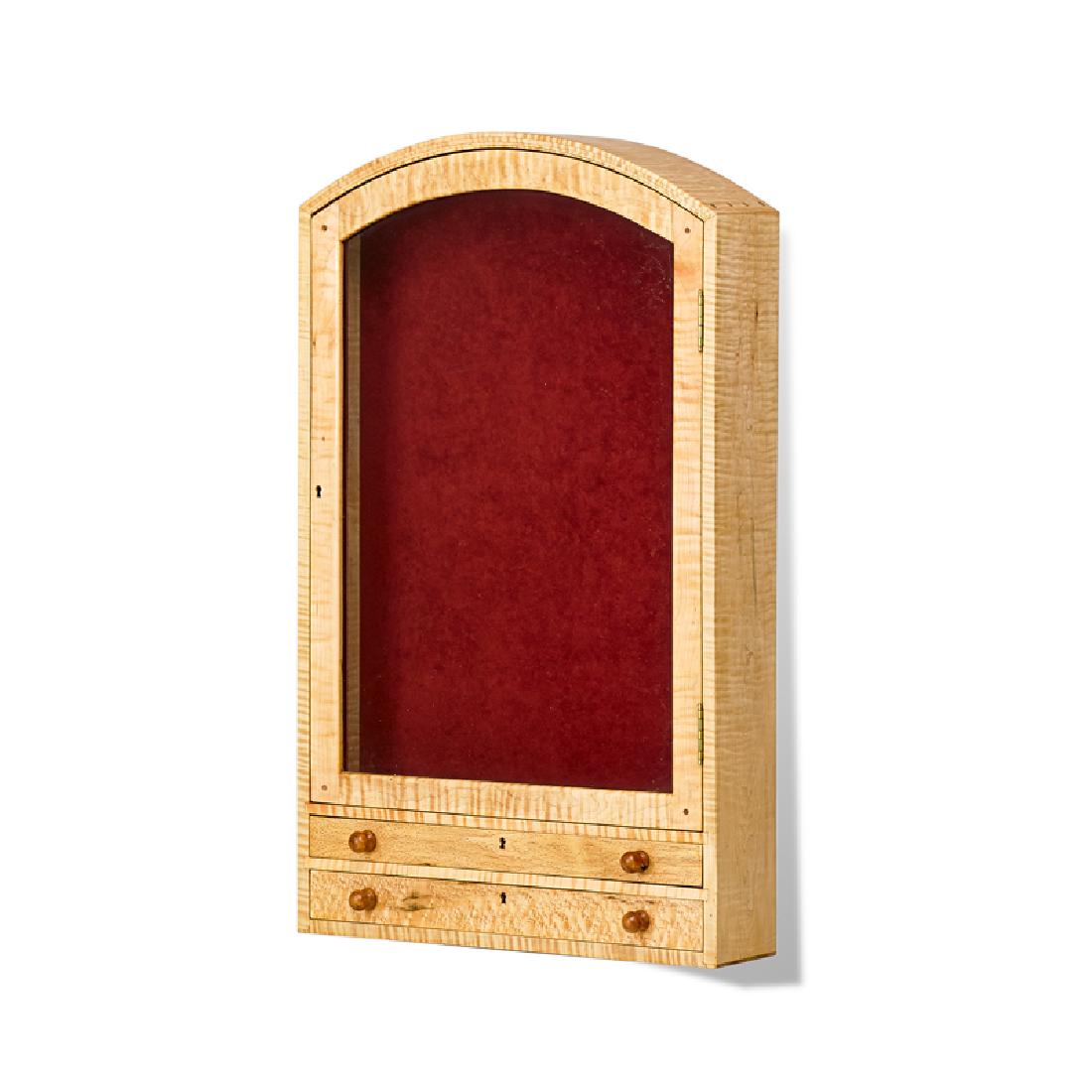 TOMMY SIMPSON: Display cabinet, USA Tiger maple, glass, fabric Unmarked 34" x 20 3/4" x 6"