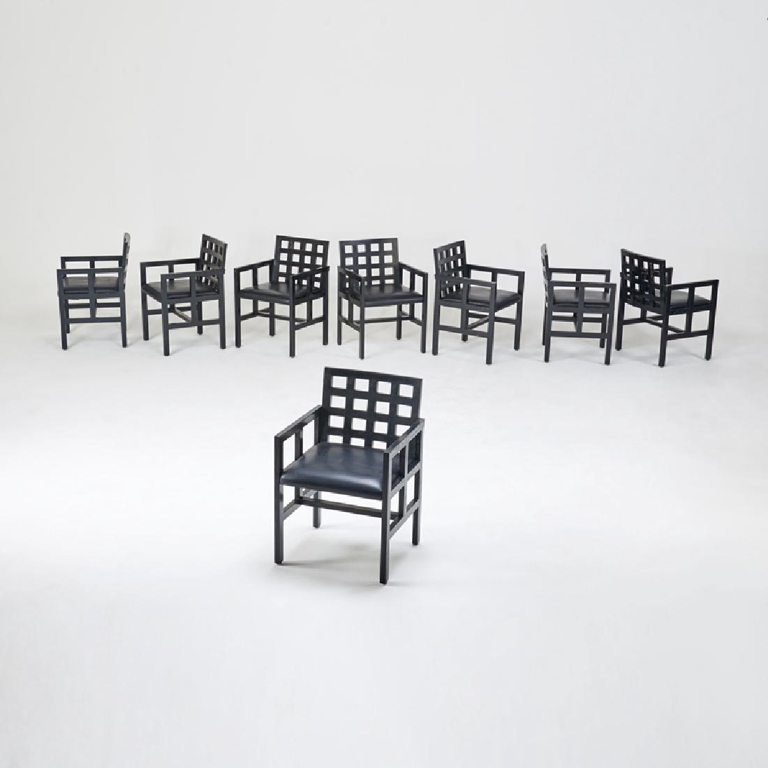 WARD BENNETT; BRICKEL ASSOCIATES: Set of eight armchairs, NY, 1970s Ebonized ash, leather Upholstery tags 31 1/2" x 21" x 21"