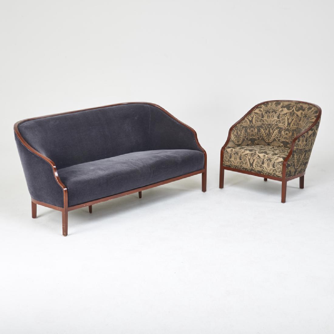 WARD BENNETT; BRICKELL: Banker sofa and lounge chair, USA, 1980s/90s Stained wood, upholstery Unmarked Sofa: 32" x 72" x 34", chair: 32" x 30" x 34"