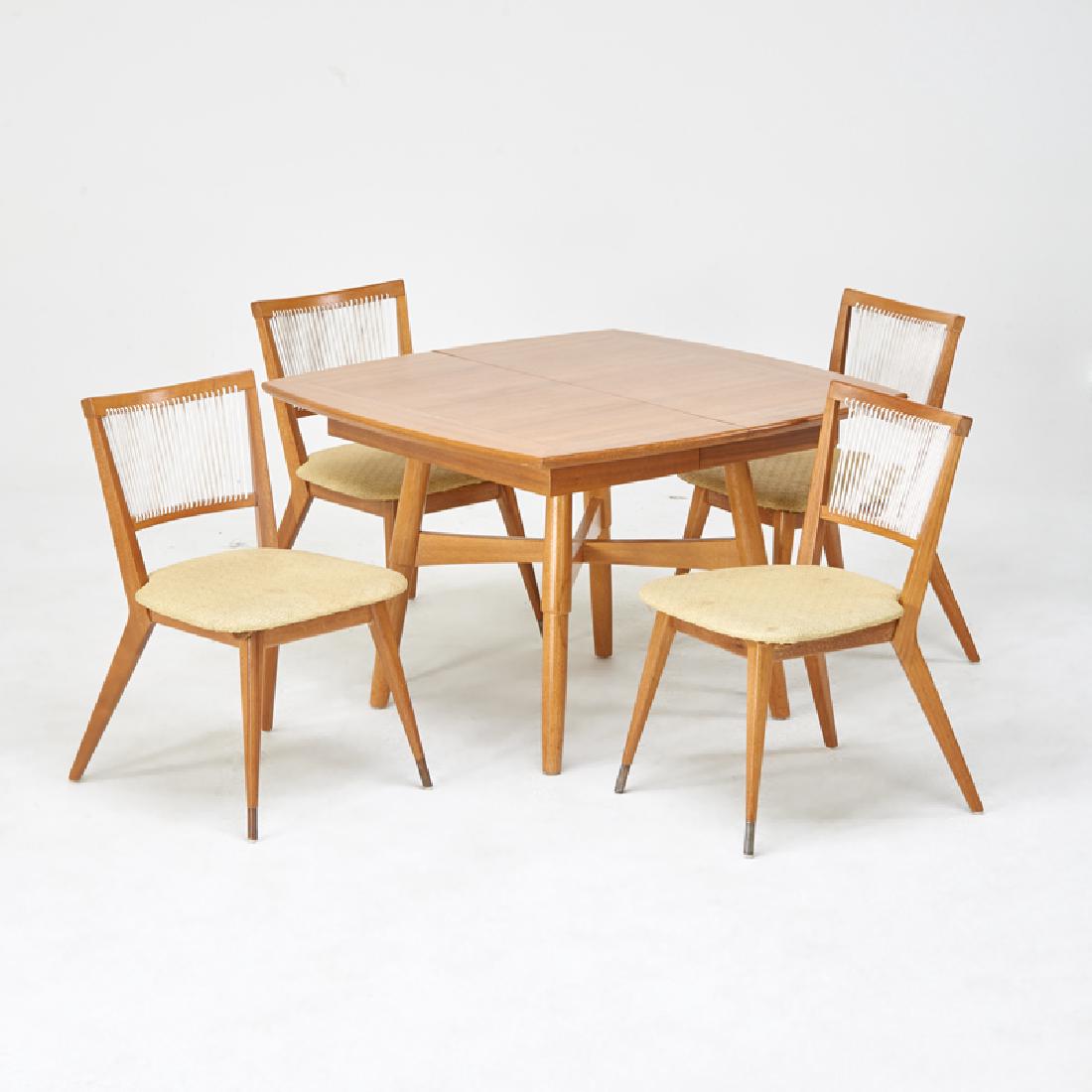 PAUL LASZLO (Attr.): Five piece dining set: extension table and four chairs, USA, 1950s Mahogany, cord, upholstery Unmarked Table: 28" x 42" sq., chairs: 30 1/2" x 19 1/2" x 22", one leaf: 16"