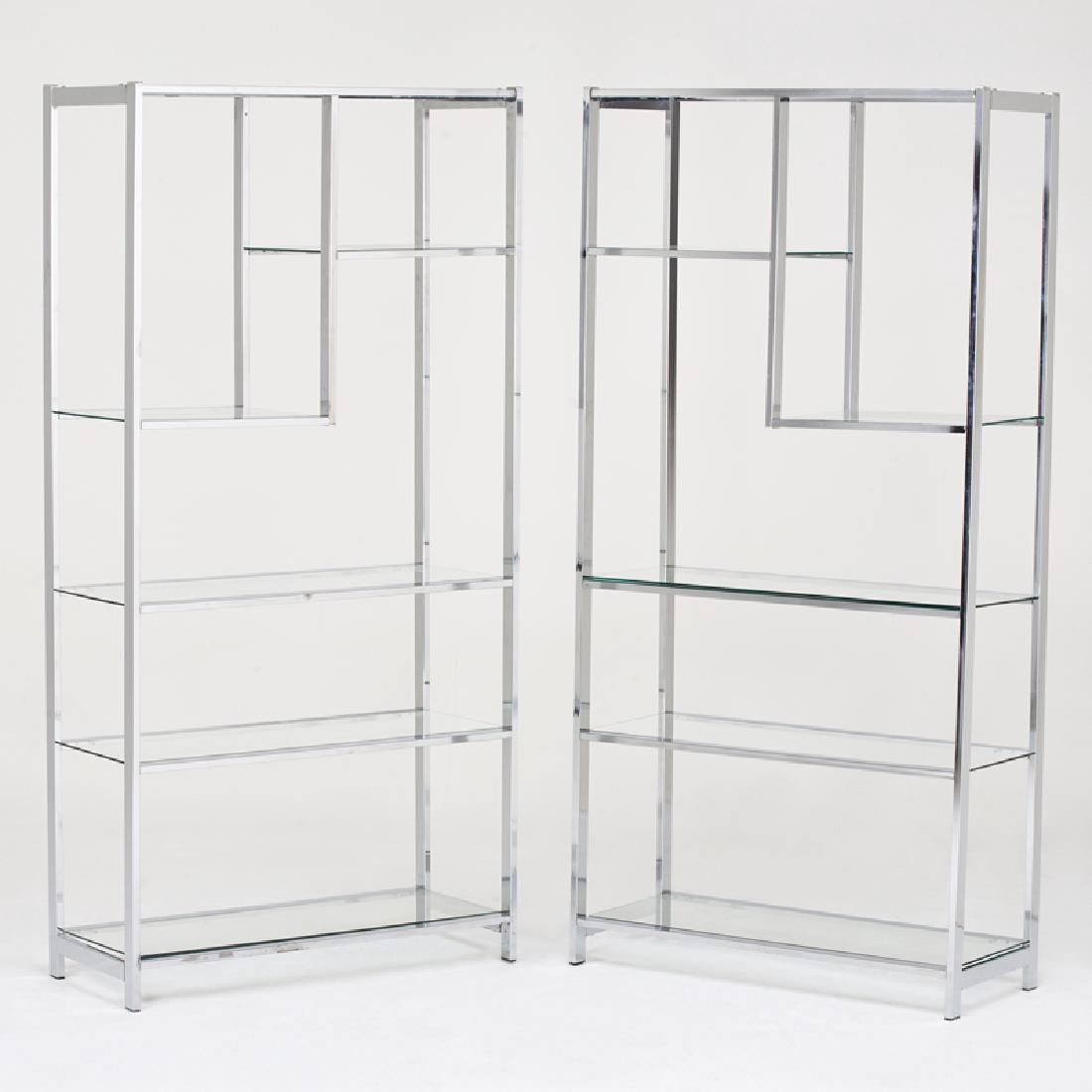 MILO BAUGHMAN (Attr.); DESIGN INSTITUTE OF AMERICA: Pair of etageres, USA, 1970s Chromed steel, glass Unmarked 72" x 36" x 15"