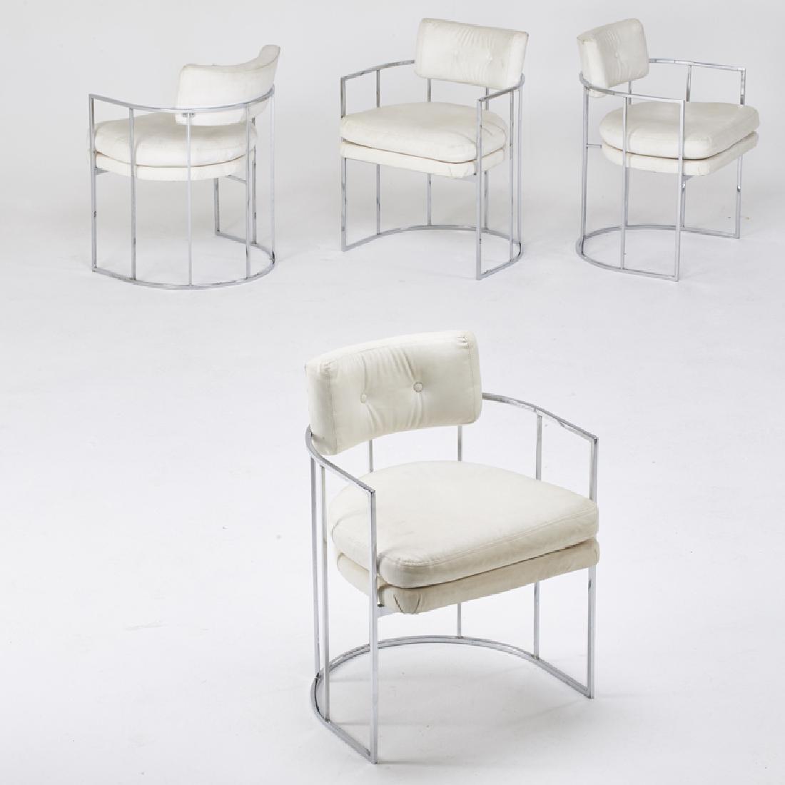 MILO BAUGHMAN; THAYER COGGIN: Four armchairs, High Point, NC, 1970s Chromed steel, vinyl Upholstery labels 30" x 22" x 22"