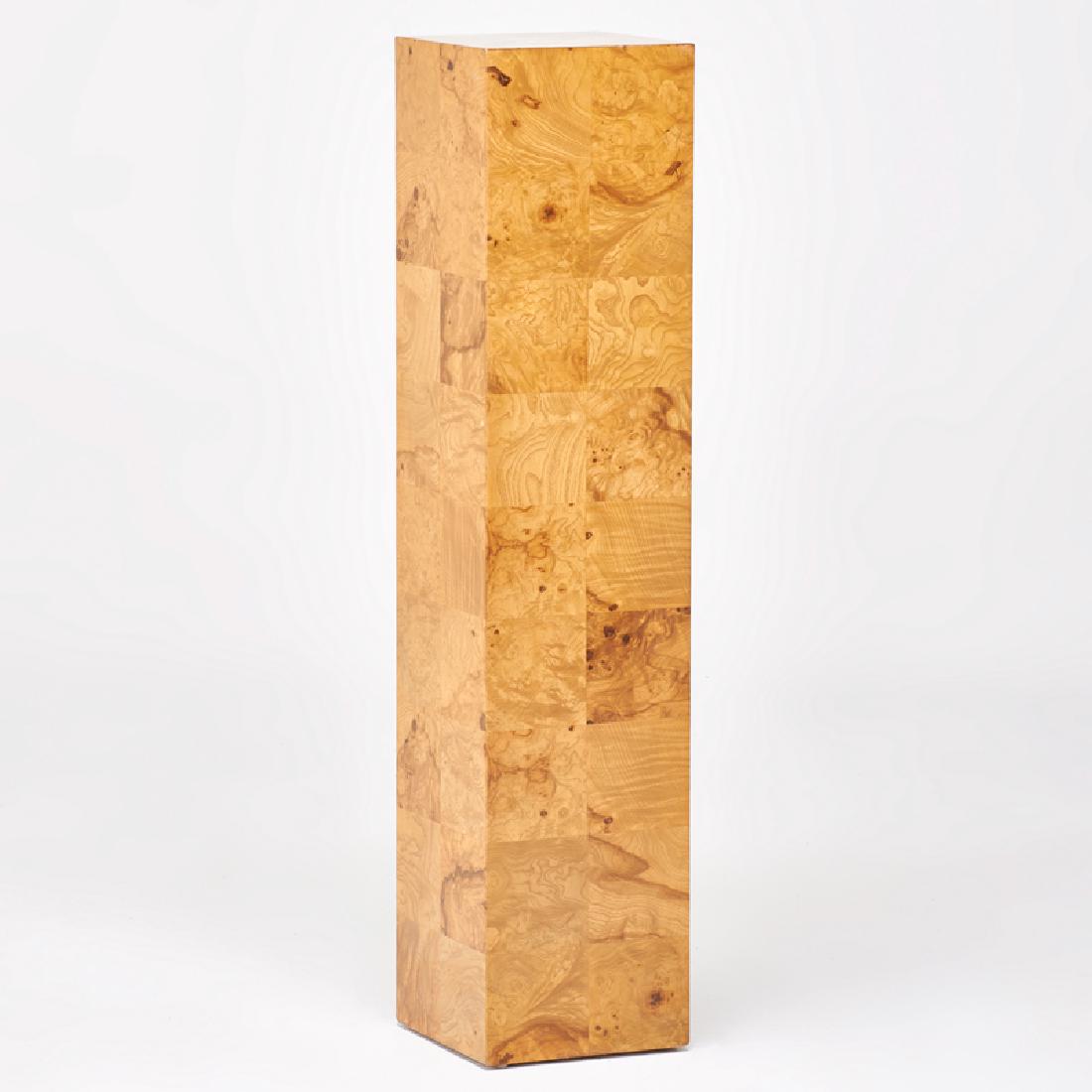 STYLE OF MILO BAUGHMAN: Burlwood pedestal, USA, 1970s 45" x 10" sq.