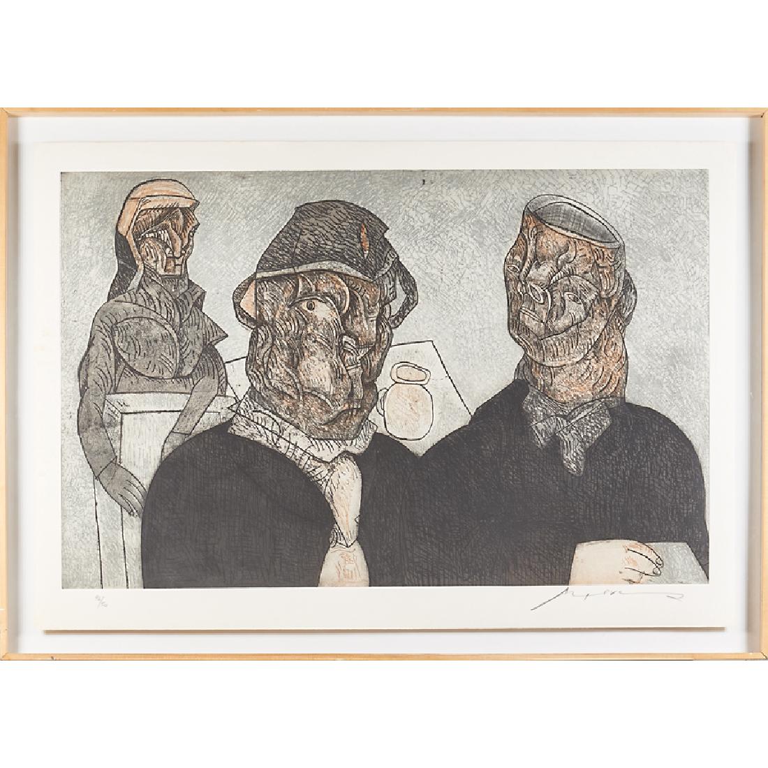 JOSÉ LUIS CUEVAS (Mexican, b. 1934): Aquatint "Juan Valle Alvarado Confesar para Maria Burga," 1989 from The Intolerance Portfolio (framed) Signed and numbered 46/50 30" x 47" (plate)