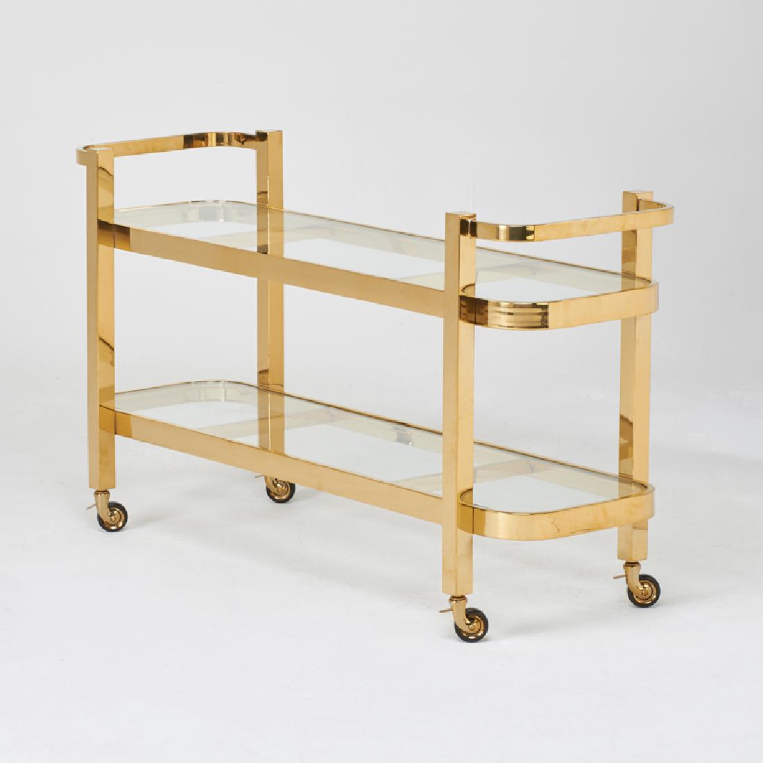 CONTEMPORARY: Long bar cart/console, 2000s Brass, glass Unmarked 31" x 55" x 18 1/2"