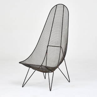 SOL BLOOM: High-back scoop chair, in black mesh, 1950s Enameled iron Unmarked 48 1/2" x 24 1/2" x 33"