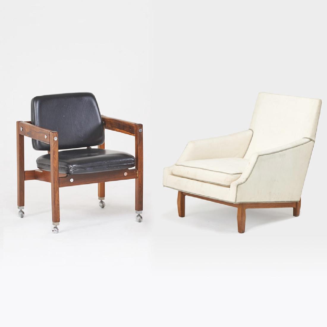 MODERN: Lounge chair and armchair, Denmark/USA, 1960s/70s Walnut, rosewood, chromed metal, fabric and leather upholstery Lounge: 32" x 30" x 38", arm-: 32" x 25" x 25"