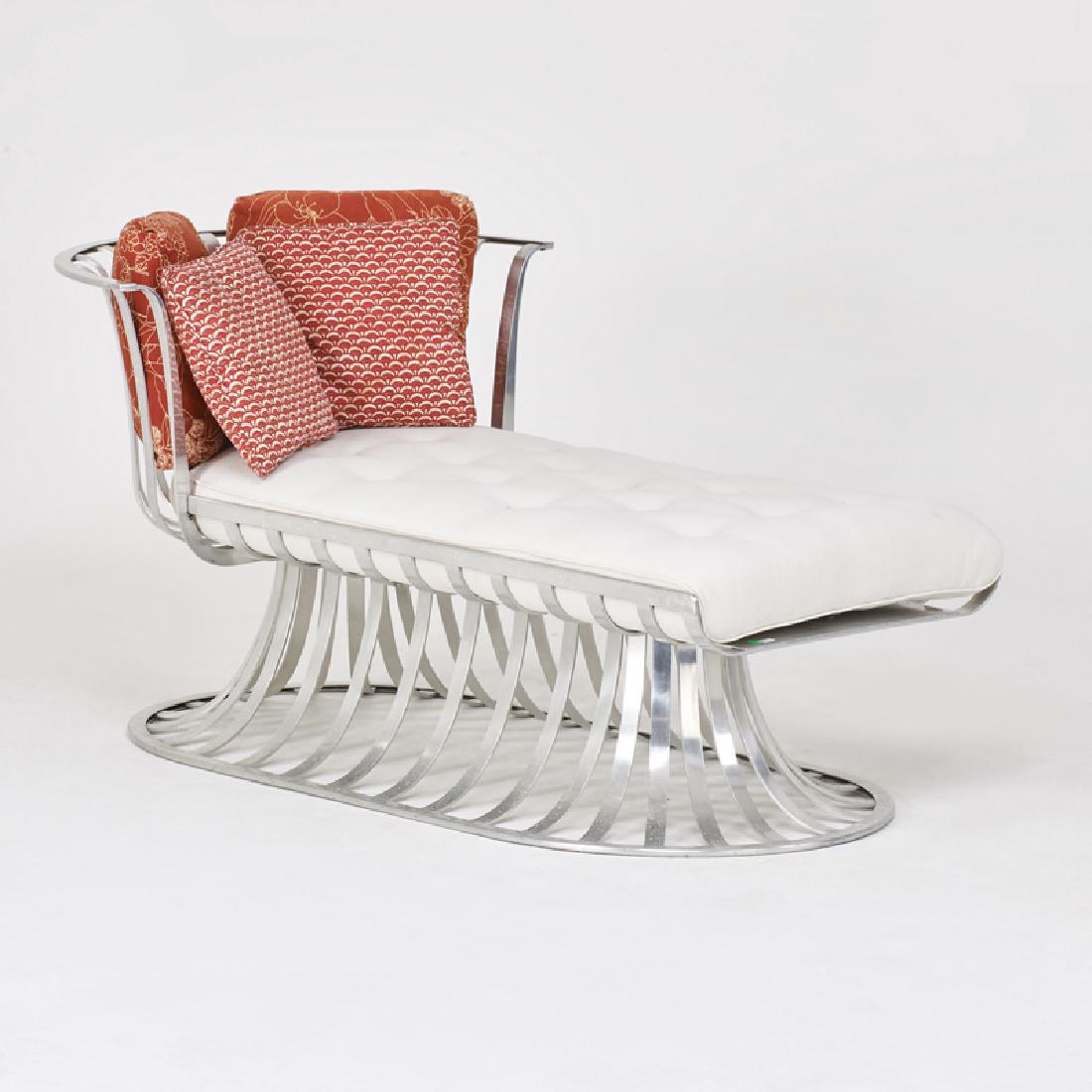 RUSSEL WOODARD: Chaise lounge, USA, 1960s Aluminum, upholstery Unmarked 27" x 32" x 55"