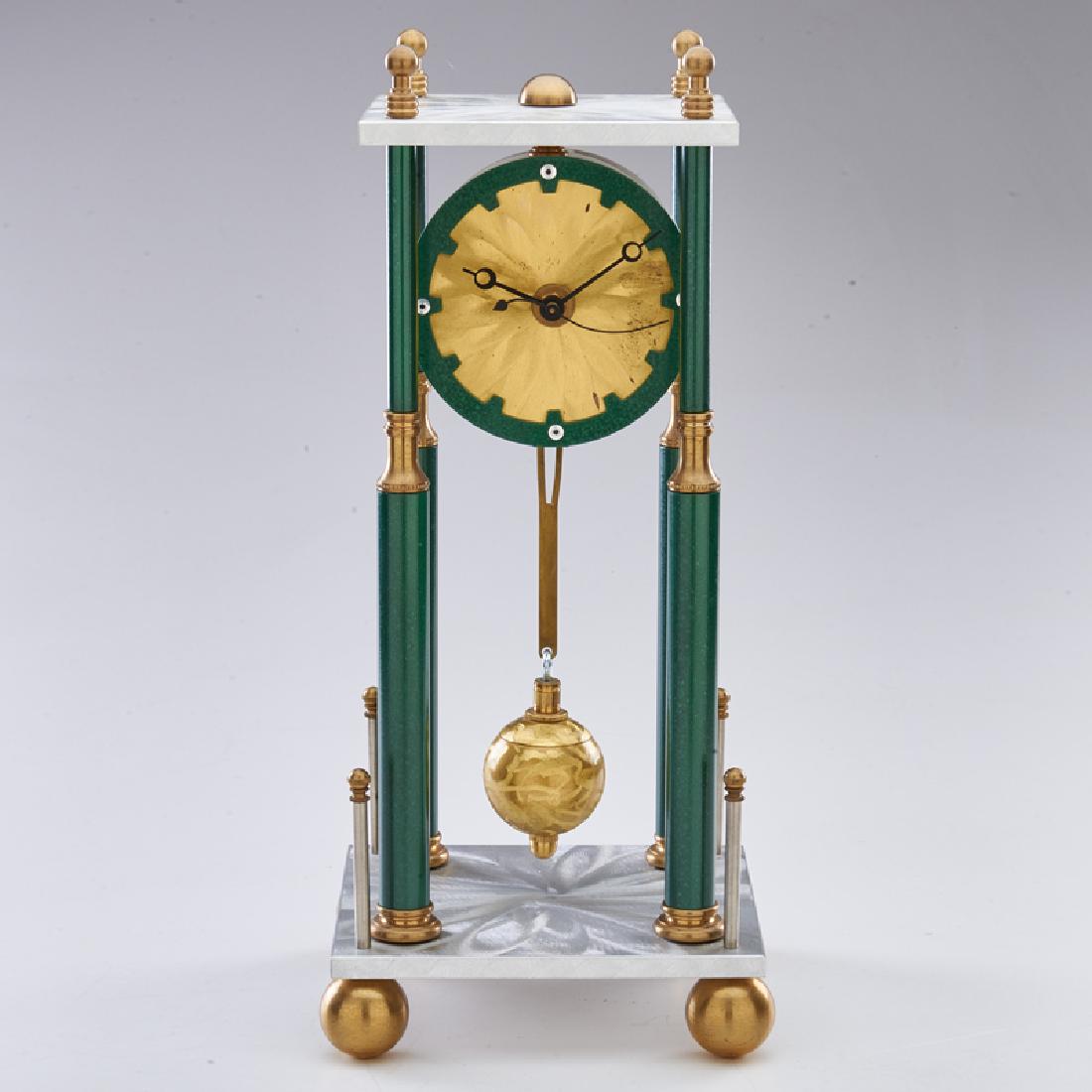 POST MODERN: Portico clock, late 20th/early 21st c. Brushed aluminum, brass, and enameled metal, brass Unmarked 16" x 7" sq.