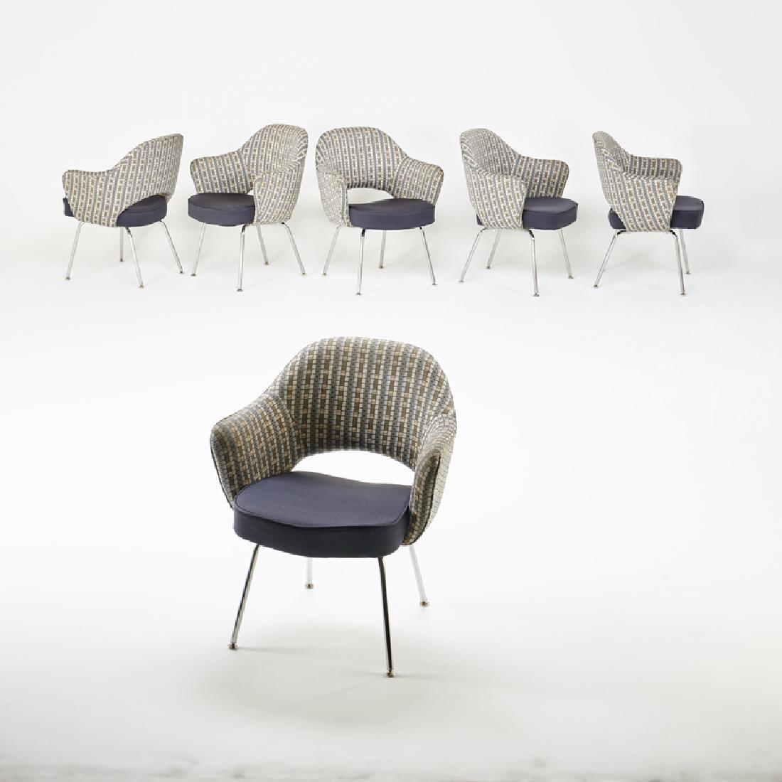 EERO SAARINEN; KNOLL: Set of six Executive armchairs, USA, 2017 Patterned upholstery, chromed steel Manufacturer's paper labels