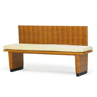 STYLE OF ELIEL SAARINEN: Bench, mid-20th C. Walnut, enameled wood, upholstery Unmarked 37 1/2" x 71" x 20" Provenance: Collection of Mark McDonald, Hudson, NY