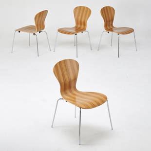 ROSS LOVEGROVE; KNOLL: Set of four Sprite stacking chairs, 2004 Zebra veneered plywood, chromed steel Manufacturer labels 32" x 18" x 24"