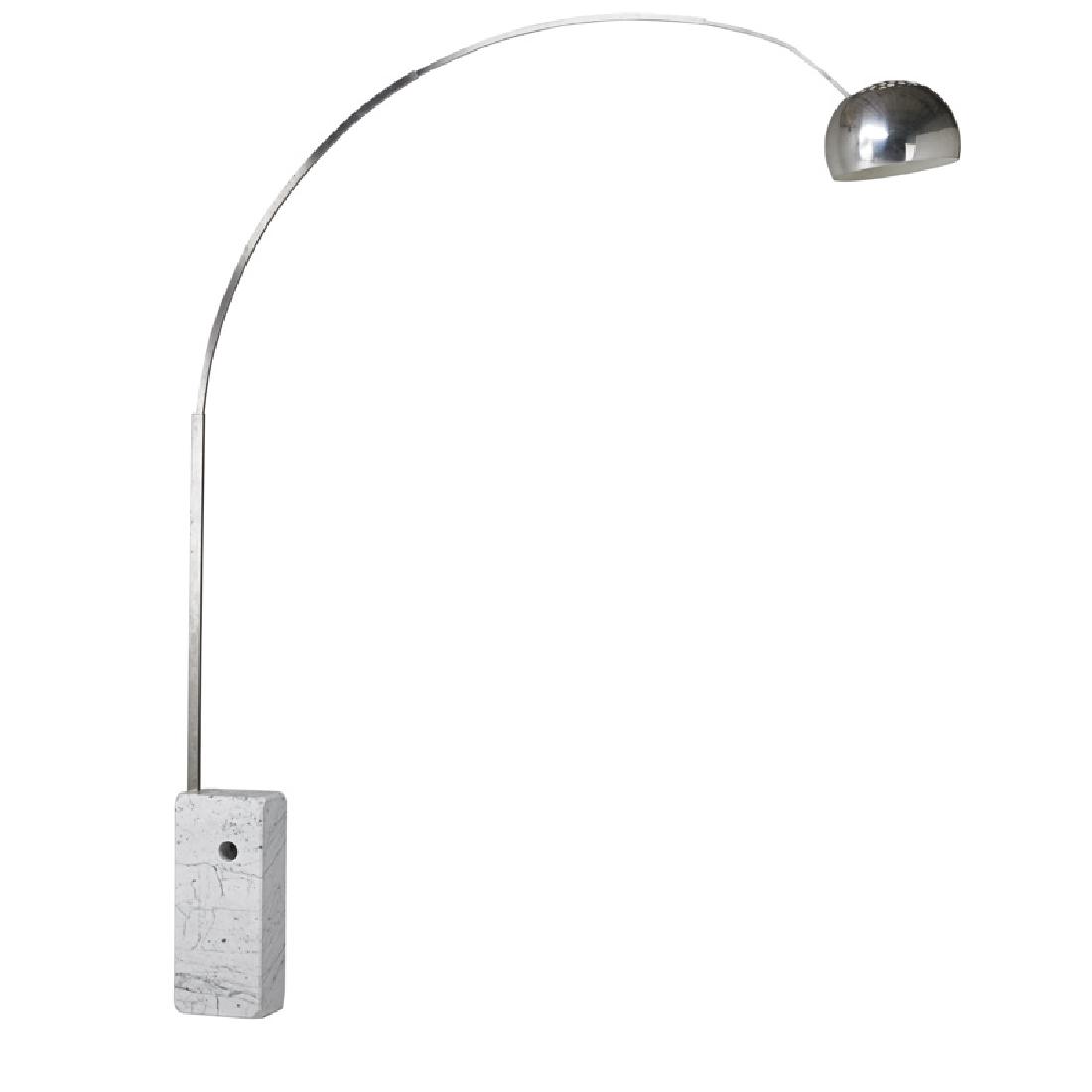 ACHILLE & PIERGIACOMO CASTIGLIONI FOR FLOS LAMP: Adjustable Arco floor lamp with curved stainless shaft on white marble base, Italy, 20th c. Marked with manufacturer label As shown: 97" x 76" x 7"