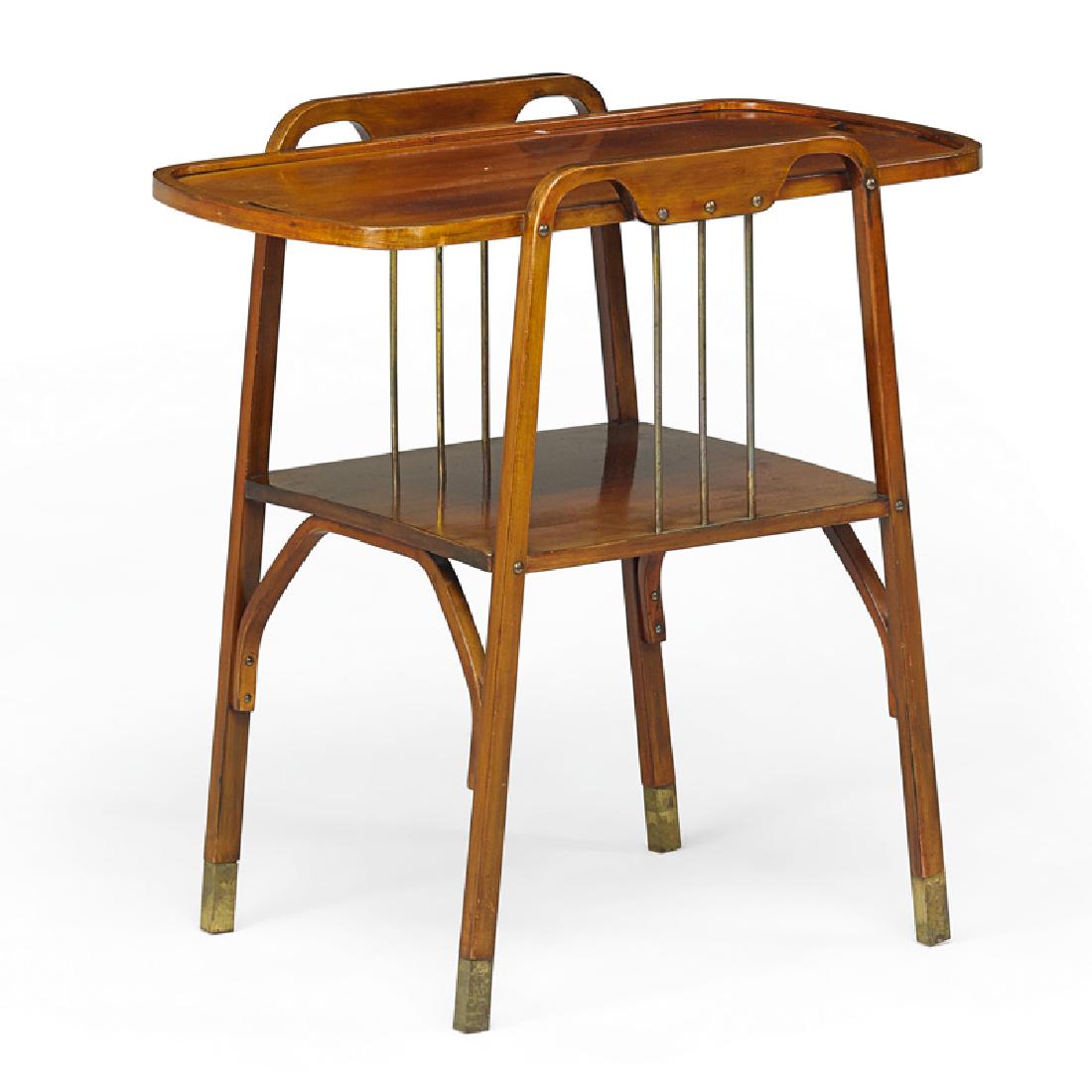 THONET TWO-TIERED TEA TABLE: Beech, brass, Austria, early 1900s Paper label 30" x 29" x 17 1/2" Provenance: Patrick Kovacs Kunsthandel, Vienna, Austria, January 2016