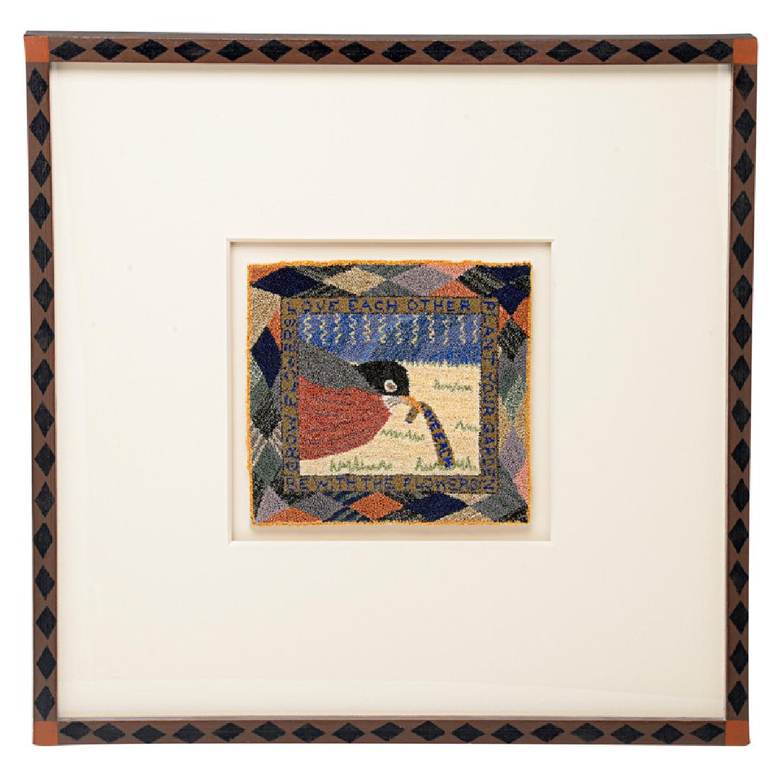 MISSY STEVENS THREAD PAINTING: Robin, 1991 Cotton, rayon and silk with glass beads (in custom painted frame attributed to Tommy Simpson) 6 1/2" x 7" (sight)