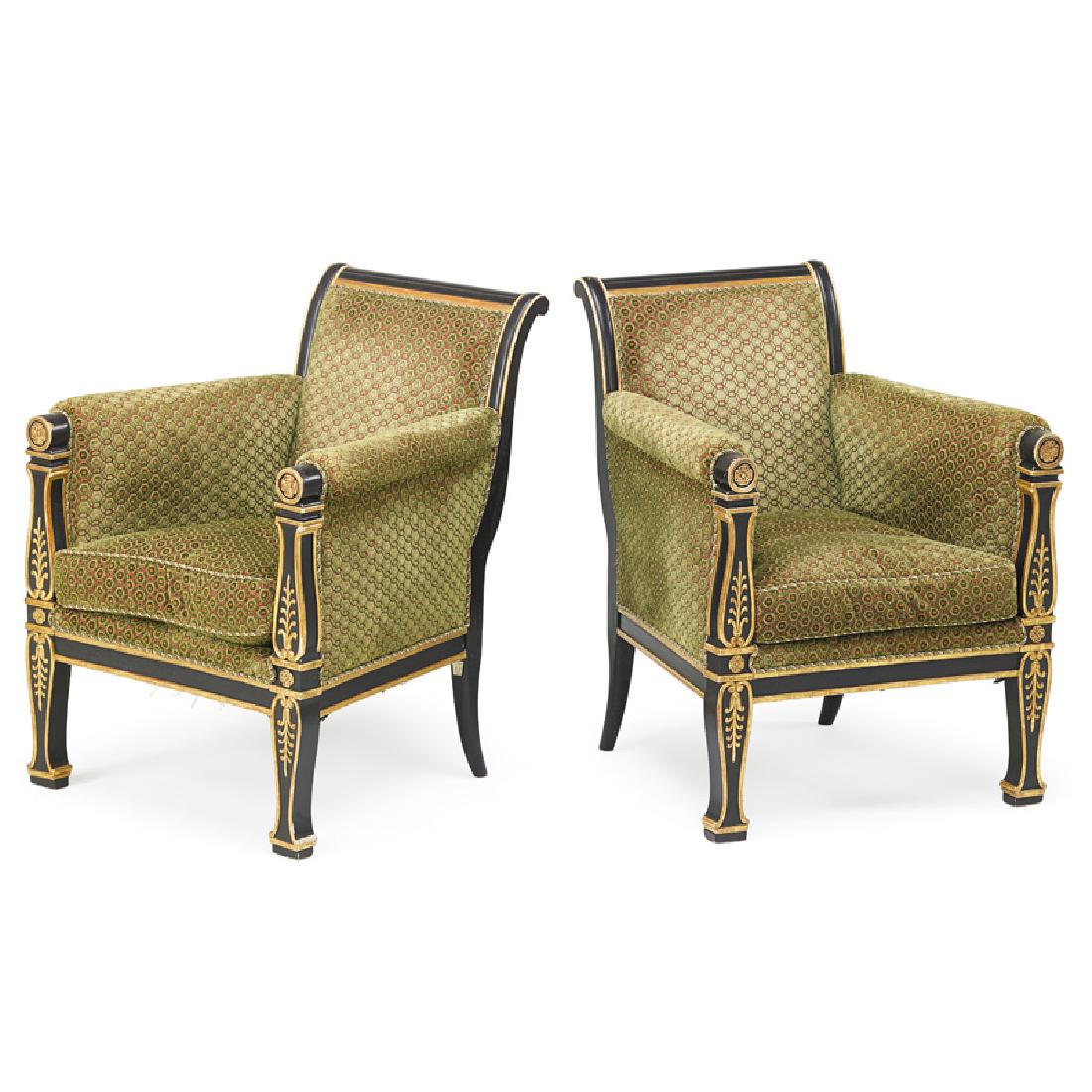PAIR OF CHARLES X PAINTED & PARCEL GILT ARMCHAIRS: Each with padded back and enclosed armrests, armrests carved with rosettes and anthemions, France, ca. 1830 33 1/2" x 26" x 28"