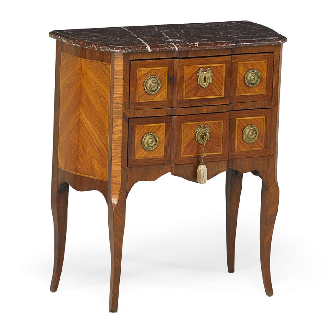 TRANSITIONAL LOUIS XV STYLE TULIPWOOD COMMODE: Stepped red marble top above two drawers on cabriole legs, France, late 19th/early 20th c. 30 3/4" x 26 1/2" x 13 1/2"