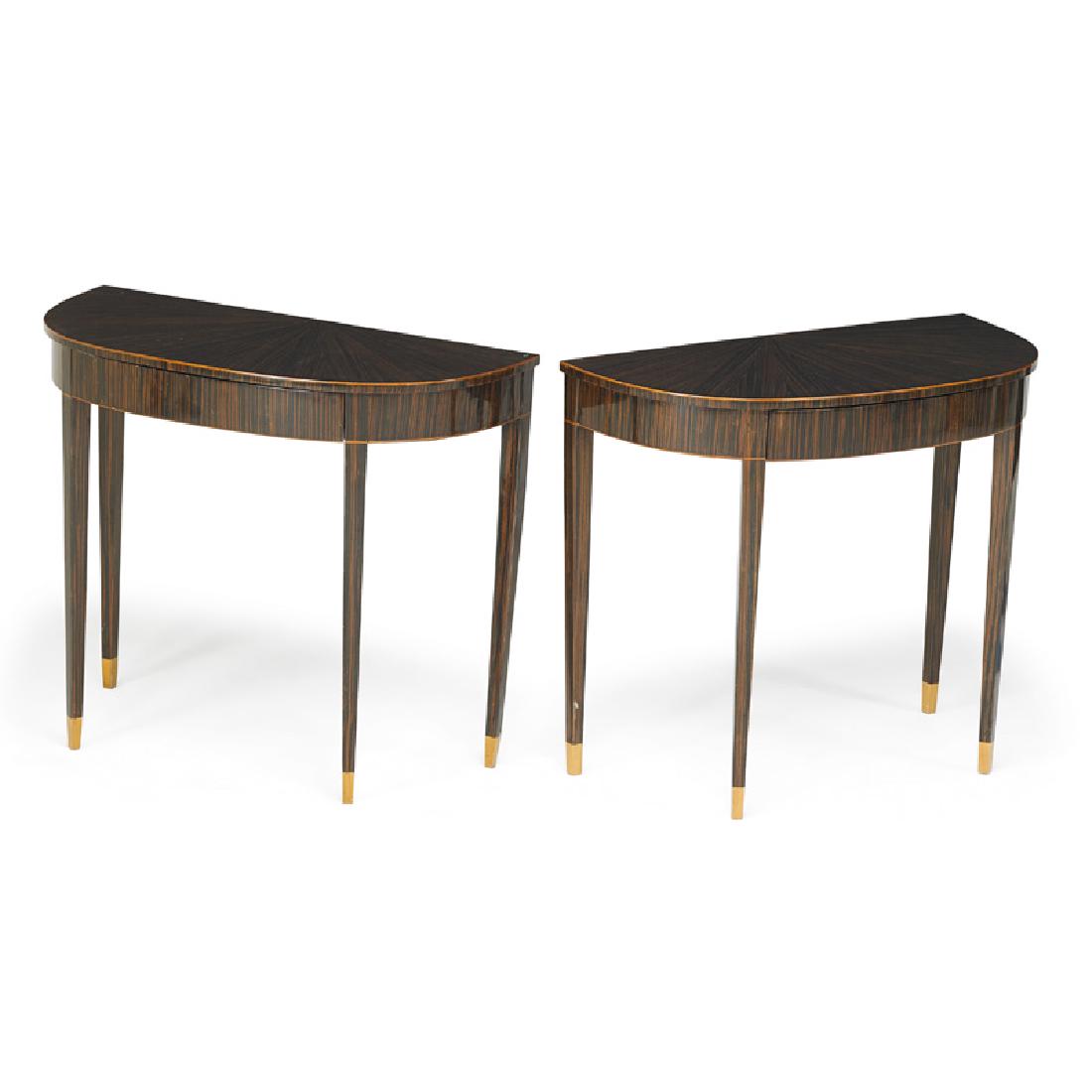 PAIR OF ART DECO DEMILUNE TABLES: Macassar ebony and maple, 1920s Unmarked 29 1/2" x 35" x 17"