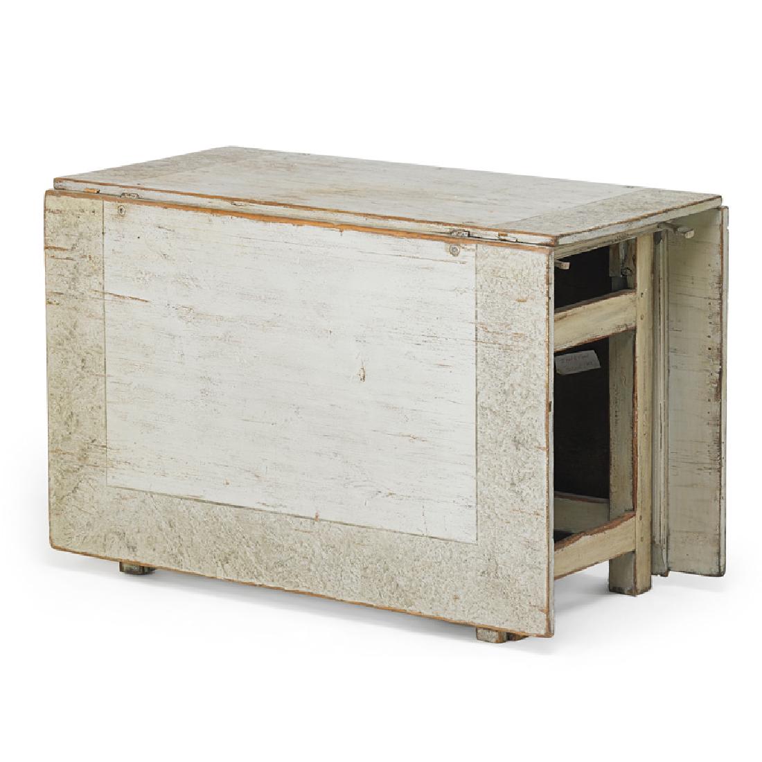SWEDISH NEOCLASSICAL PAINTED DROP-LEAF TABLE: Grain painted worn surface, square legs and stretchers, Sweden, ca. 1830 Closed: 30" x 46 1/2" x 23" Provenance: Property of a Lady, Brentwood, California
