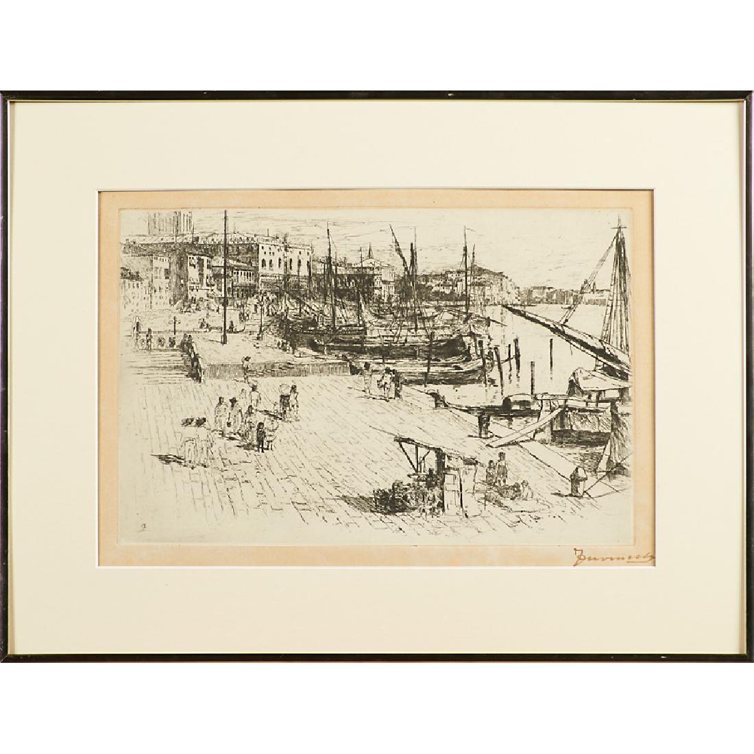FRANK DUVENECK (American, 1848-1919): "Riva degli Schiavoni, I," ca. 1880 Drypoint on chine applique paper (framed) Signed 8 1/2" x 13 1/8" (plate) Literature: Poole 12 Provenance: Private Collection, New Jersey