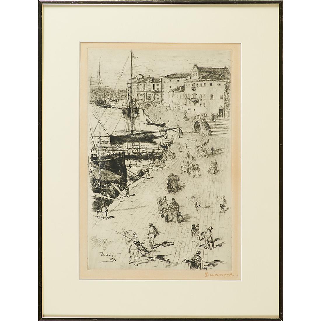 FRANK DUVENECK (American, 1848-1919): "Riva degli Schiavoni, II," 1880 Drypoint on chine applique paper (framed) Signed 13 1/8" x 8 1/2" (plate) Literature: Poole 13 Provenance: Private Collection, New Jersey