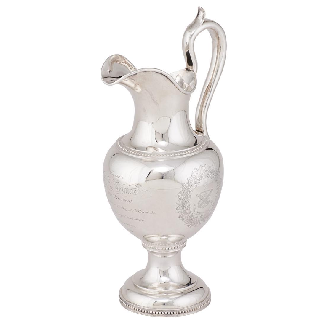 COIN SILVER PRESENTATION EWER: Presented to John Rhynas, first president of the St. Andrews Society in Portland, ME, by N. Harding & Co., Boston, ca. 1860 Marked 13 1/2" 23.9 ozt Note: Scottish born John Rhynas (1822-1891) emigrate