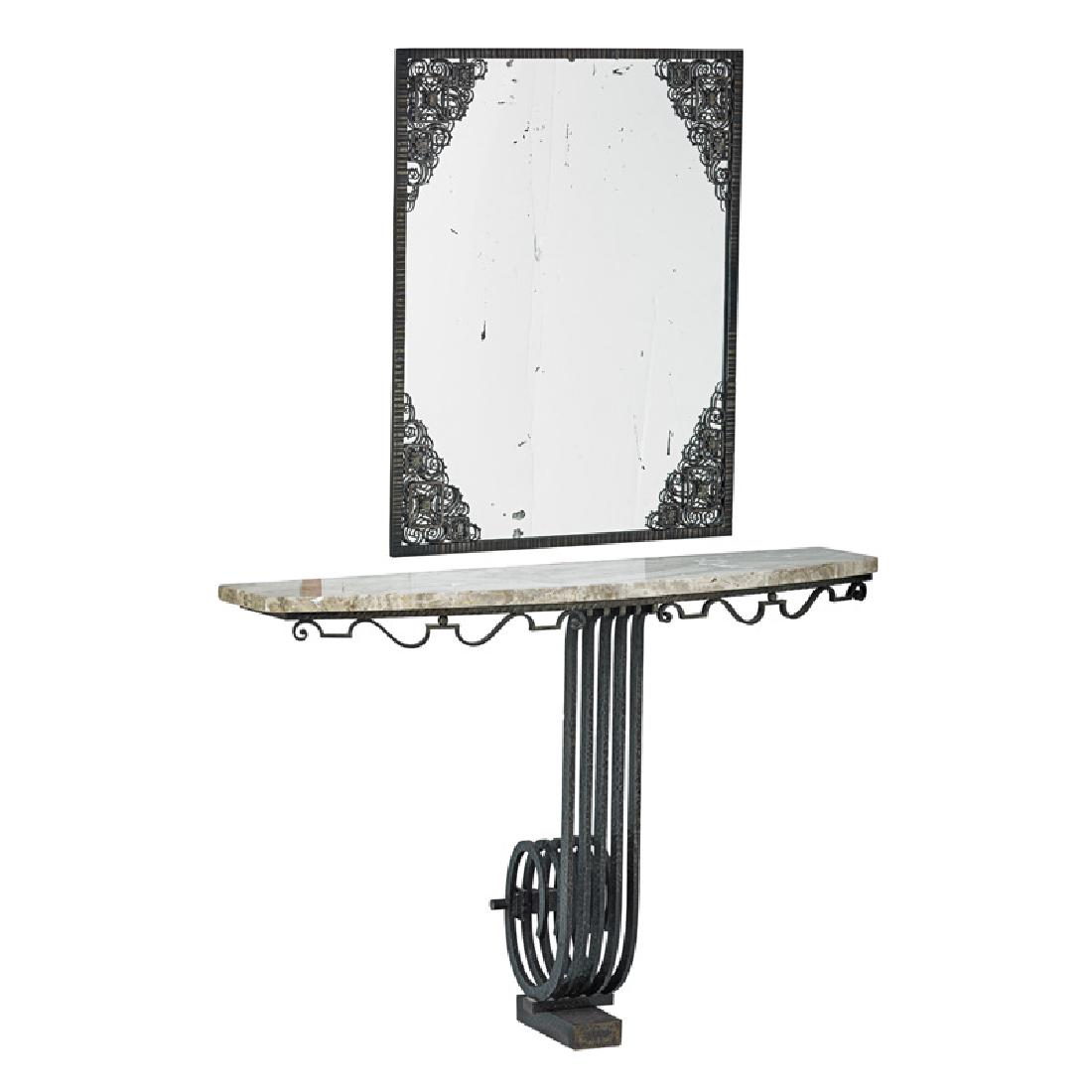 RAYMOND SUBES (Attr.) ART DECO CONSOLE: Console and associated Art Deco mirror, wrought iron, marble, mirrored glass, France, 1930s Console: 35" x 51" x 13 3/4", mirror: 37 1/2" x 29"