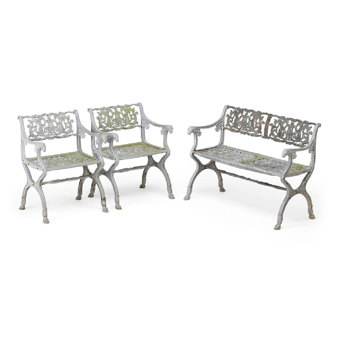 KARL FRIEDRICH SCHINKEL GARDEN FURNITURE: Three: Cast metal settee with pair of armchairs, Germany, mid 19th c. Settee: 30" x 42" x 18"