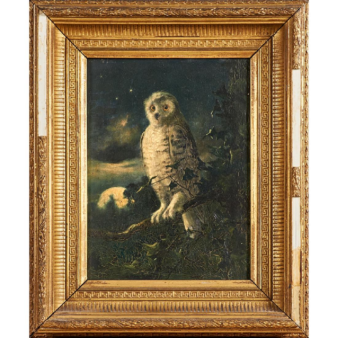 19TH C. OIL PAINTING: Untitled (owl at night) Oil on panel (framed) Unmarked 12" x 8 3/4" Provenance: Property from the Estate of Cleo Baldon & Ib Melchior