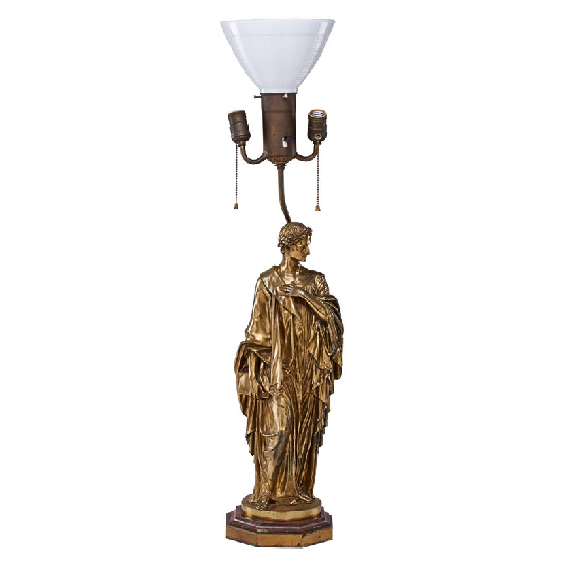 GILT BRONZE LAMP RETAILED BY TIFFANY & CO.: Converted statue of Julius Caesar in draped robes on red marble base, USA, 20th c. Stamped "Tiffany & Co." on base Height of statue (with base): 23"