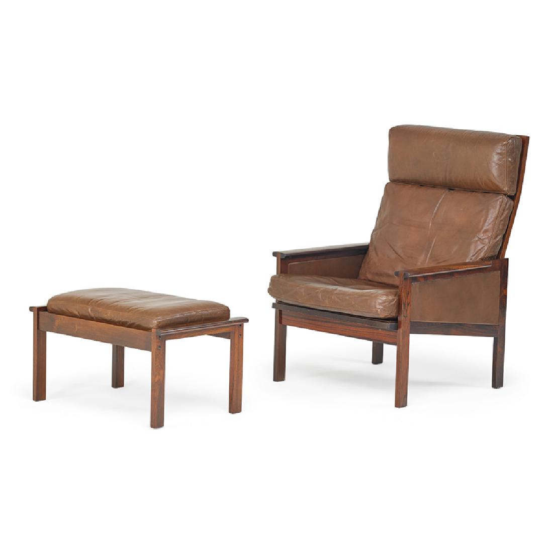 ILLUM WIKKELSO FOR NIELS EILERSEN CHAIR, ETC.: Lounge chair with accompanying ottoman, rosewood, leather, Denmark, 1960s Chair: 37 1/2" x 27" x 32", ottoman: 15" x 26 1/2" x 16 1/2"