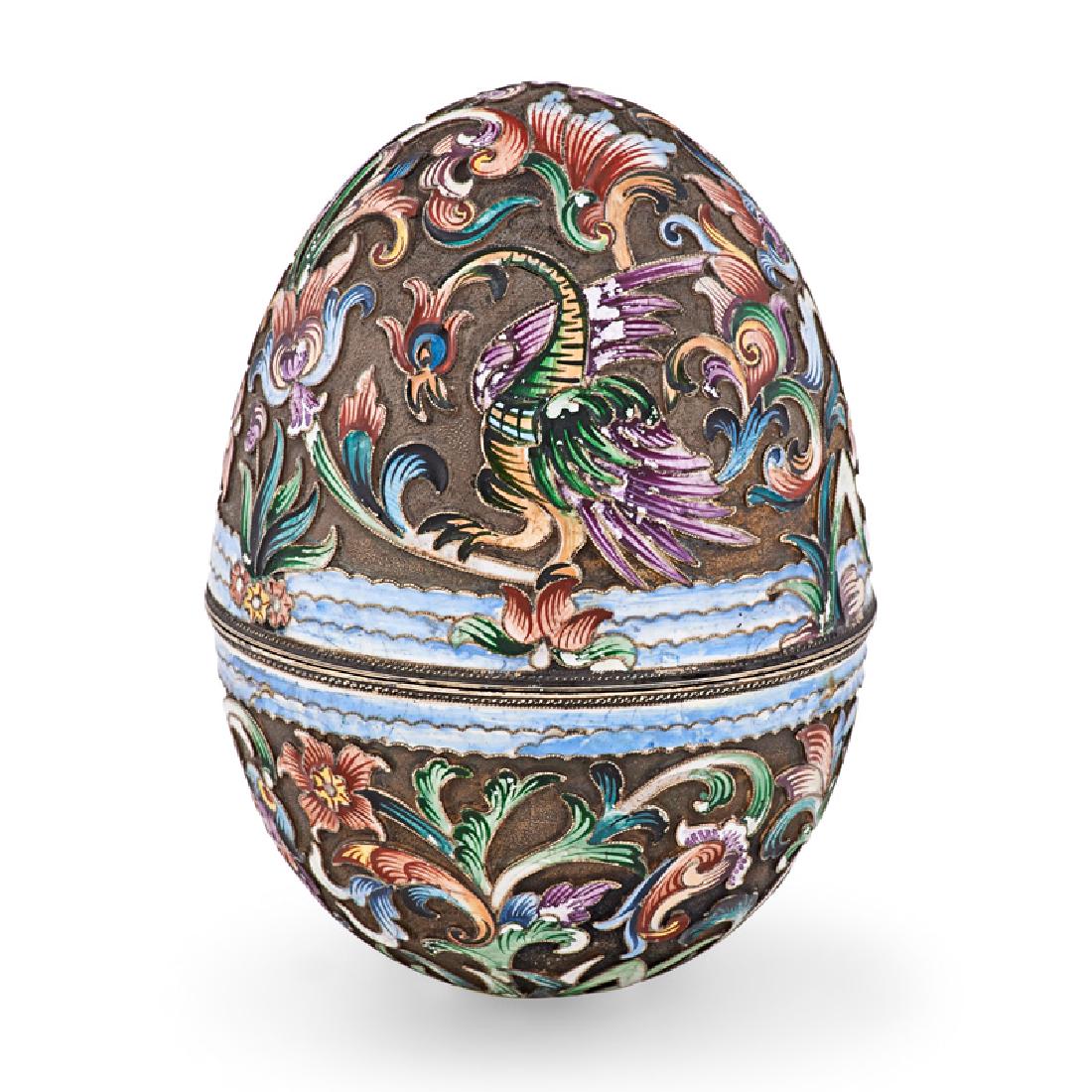 RUSSIAN SILVER CLOISONNE EGG: Foliate decoration with giltwash interior, Russia, early 20th c. Spuriously marked 4" x 3" dia.