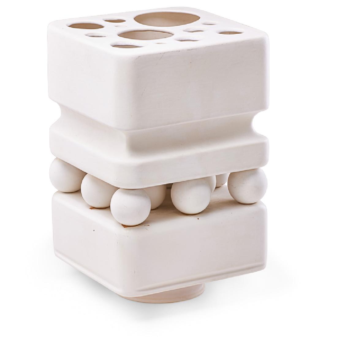 GEORGE LANTERI SCULPTURE MODULAR VASE: Two glazed earthenware components to stack or use separately, France, 1960s Unmarked Overall: 17" x 10 1/2" sq.