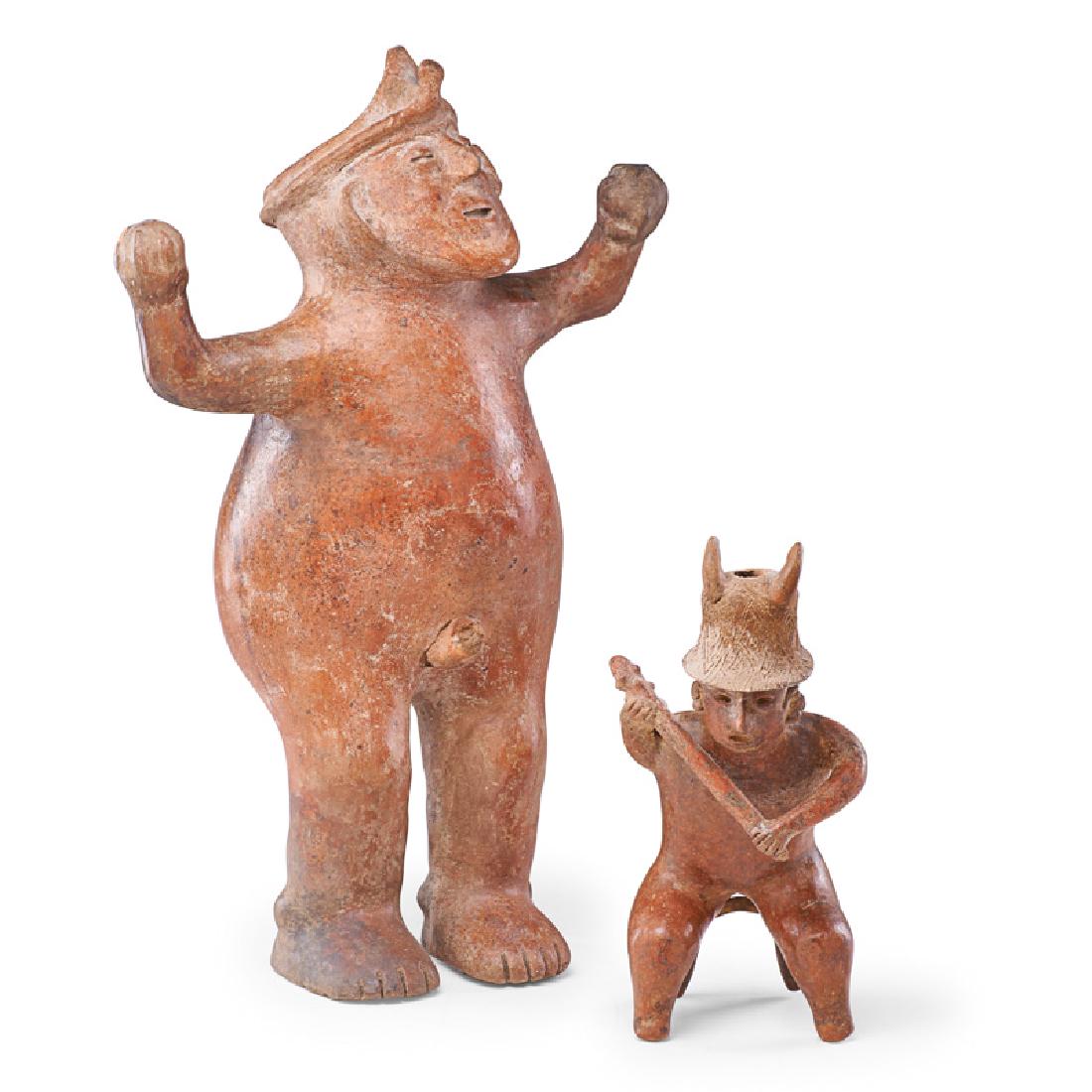 TWO PRE-COLUMBIAN SCULPTURES: Colima ball player with ball in each hand and a Jalisco warrior, Central America, 250-100 BCE Colima ball player: 21" x 13" x 5" Provenance: Doyle, lots 249 and 250, July 26th, 2017