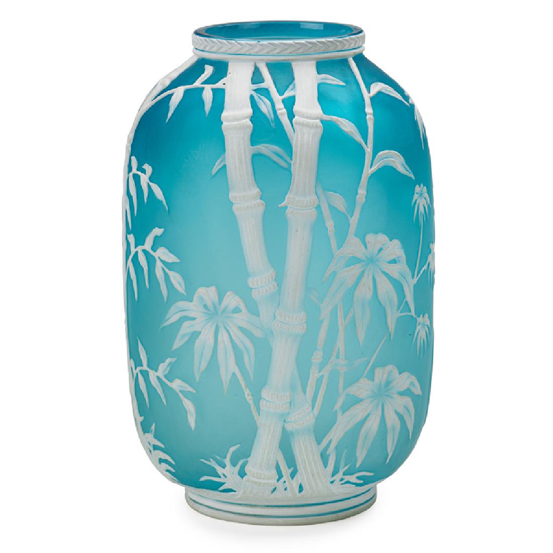 THOMAS WEBB & SONS GEM CAMEO GLASS VASE: White bamboo on blue ground, England, late 19th c. Impressed mark on underside 7 1/4" x 4 1/2" dia.