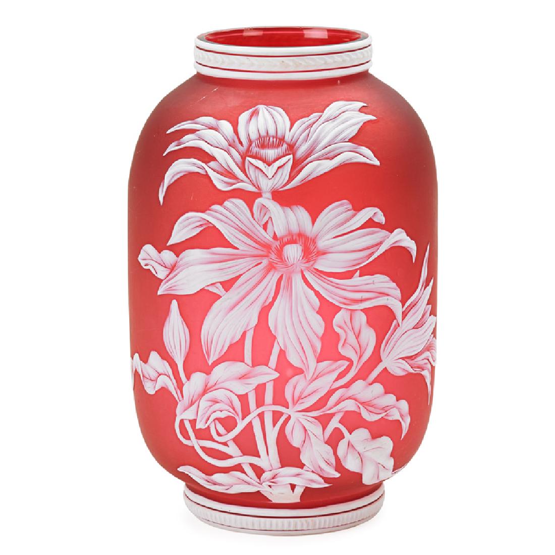 THOMAS WEBB & SONS GEM CAMEO GLASS VASE: White flowers on cranberry ground, England, late 19th c. Impressed mark on underside 7 1/4" x 4 1/2" dia.