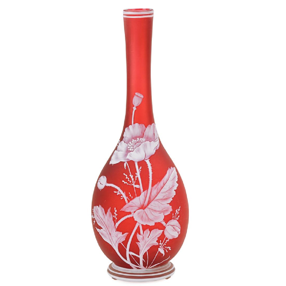 THOMAS WEBB (Attr.) GEM CAMEO GLASS VASE: White poppies and butterfly on cranberry ground, England, 19th c. 10" x 3 1/2" dia.