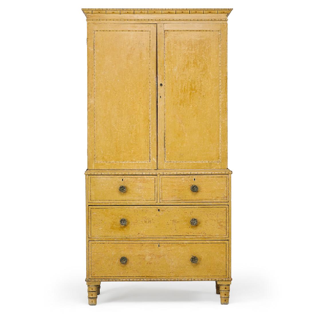 ENGLISH FAUX PAINTED LINEN PRESS: Pair of doors opening to shelves above an arrangement of drawers on turned legs, England, mid 19th c. 85 1/2" x 43 1/4" x 22 1/2" Provenance: Property of a Lady, Brentwood, California