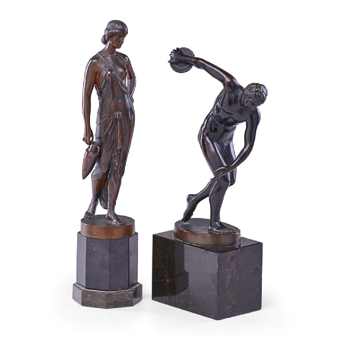 TWO GRAND TOUR BRONZES: Discus thrower and woman with amphora, each on marble base, Continental, 19th c. Woman (including base): 14"